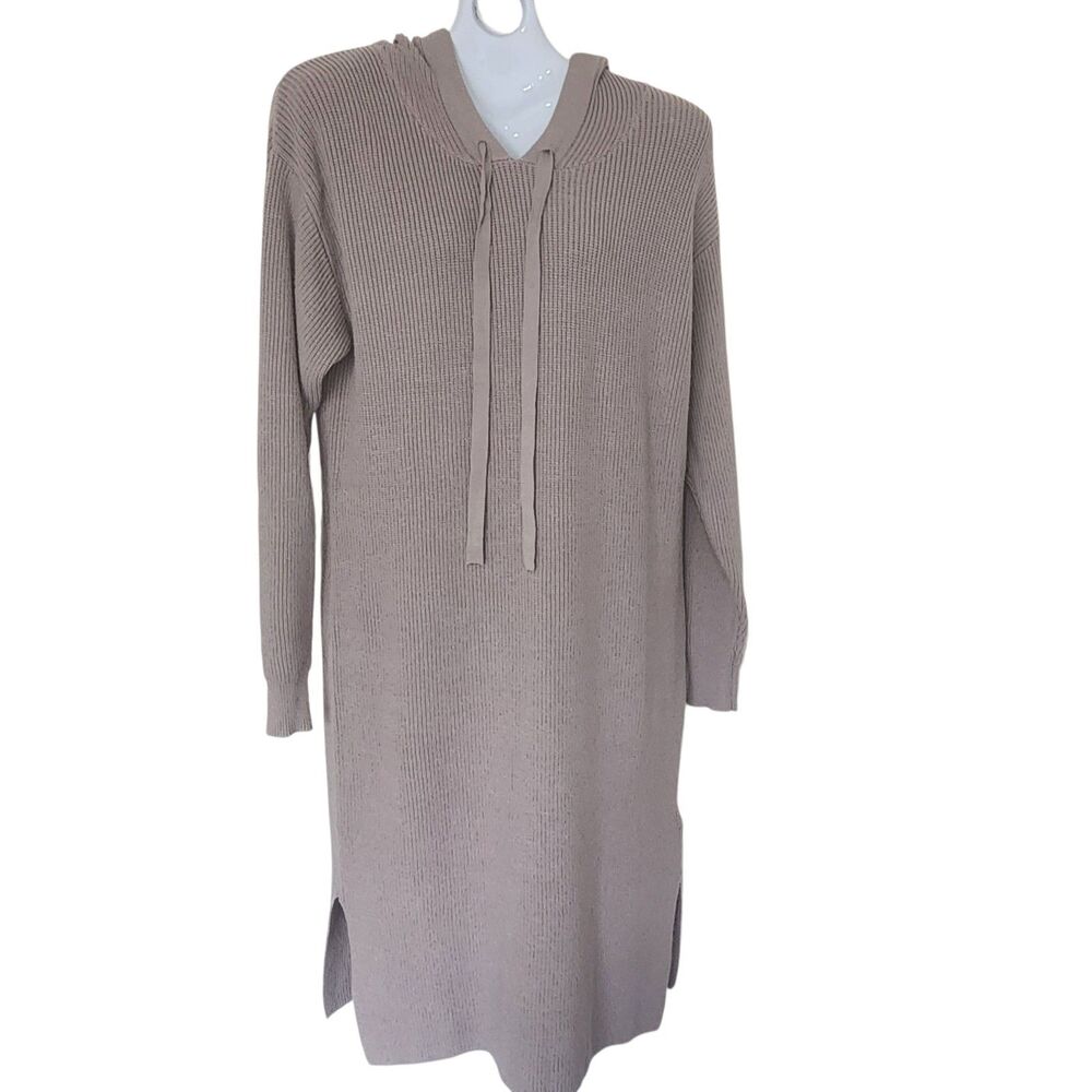 The Drop Taupe Ribbed Hooded Midi Sweater Dress M Side Slit Cozy Knit NWT V-Neck